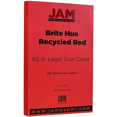 Hot Sale 👍 Jam® Cardstock Paper JAM Paper® 8 1/2" X 14" Legal Size Recycled Cardstock, Brite Hue Red, 50/Pack (16730927) 🎁