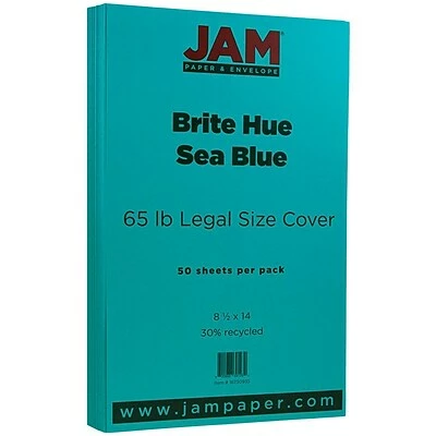 Promo 👍 Jam® Cardstock Paper JAM Paper® 8 1/2" X 14" Legal Size Recycled Cardstock, Brite Hue Sea Blue, 50/Pack (16730935) 🥰