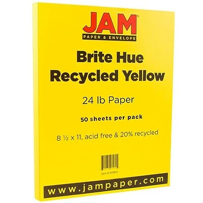 Best Sale 👍 JAM Paper® Smooth Colored Paper, 24 Lbs., 8.5 X 11, Yellow Recycled, 50 Sheets/Pack (103945A) 👏