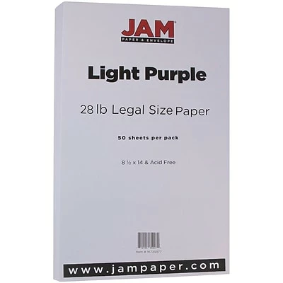 New 🎁 JAM Paper Matte Colored Paper, 28 Lbs., 8.5" X 14", Light Purple, 50 Sheets/Pack (16729377) 😍